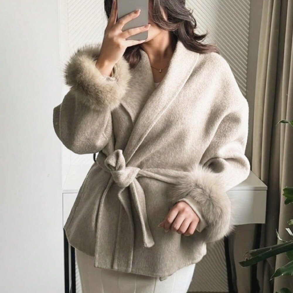 Khaki Casual Women's Elegant Long Sleeve  Faux Fur trimmed Warm jacket Coat - Picture 3 of 9